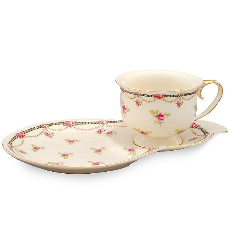 Petite rose porcelain tea cup and snack plate set with pink flowers and gold trim