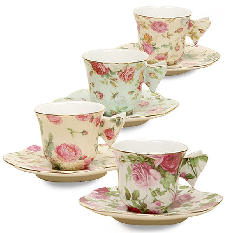 Teacup and Saucer Set -4-Piece Rose Chintz – Butterfly Handle