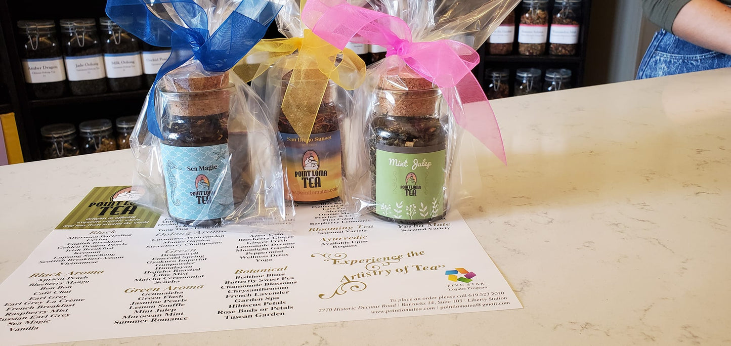 Tea Favors gifted in glass jar and cello w bow.