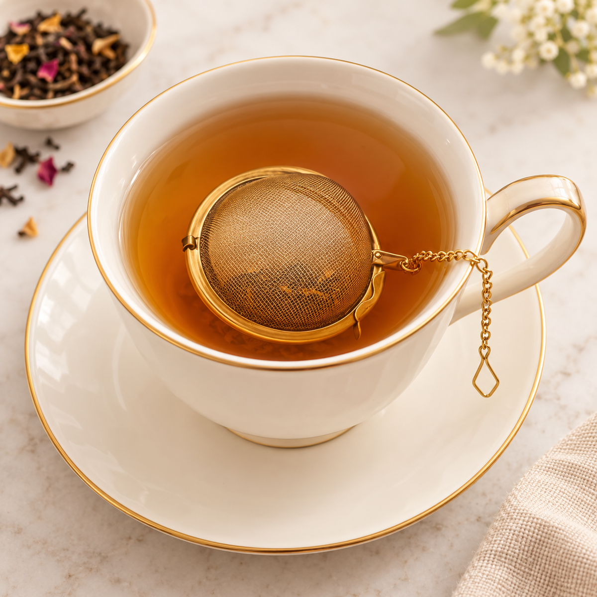 Golden Marisol tea ball infuser steeping loose leaf tea in a teacup