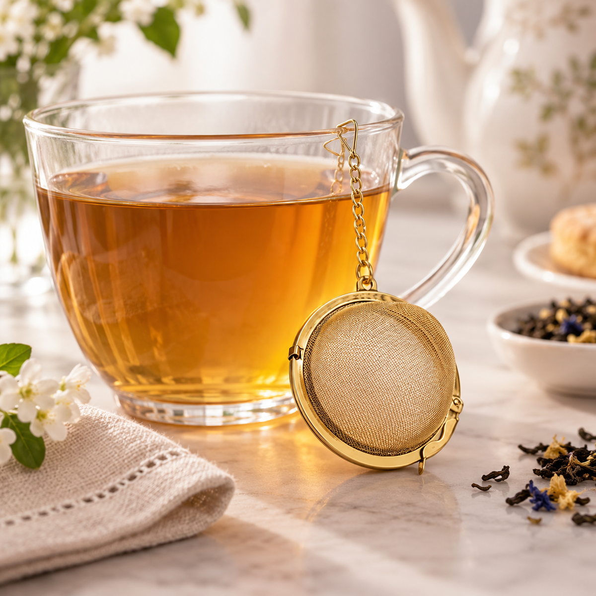 Marisol golden tea ball infuser hanging from a cup of loose leaf tea