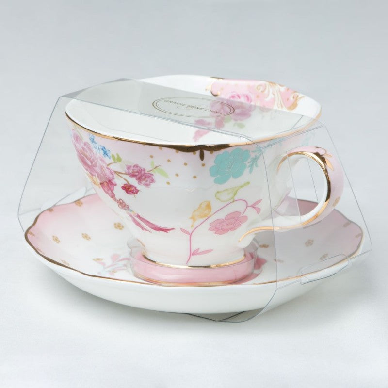 Teacup and Saucer Set - Pink Dot Rose 8oz