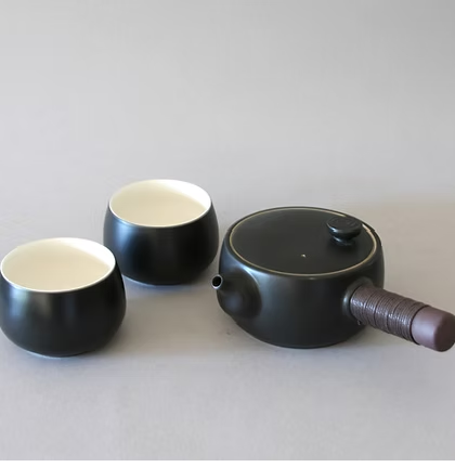 Tea Set - Kyusu  Side-Handle Ceramic Pot with Two Cups