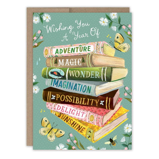 Greeting Card - A Year of Wishes Book Stack Birthday Card