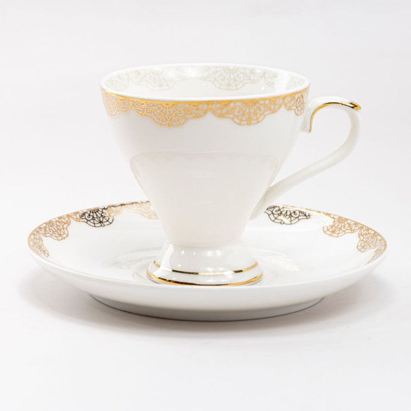 Tea Cup and Saucer Set - White Gold Lace 4oz