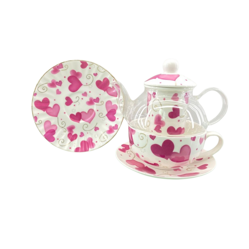 Tea For One Set - Glass Pink Heart