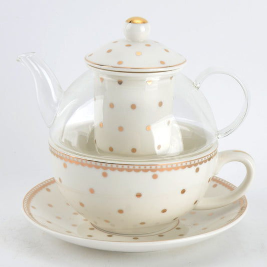 Tea For One Set -  Glass Gold Polka Dots