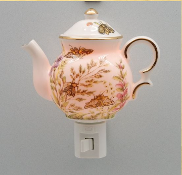 Night Light- Porcelain 14K Bumble Bee and Butterfly Teapot