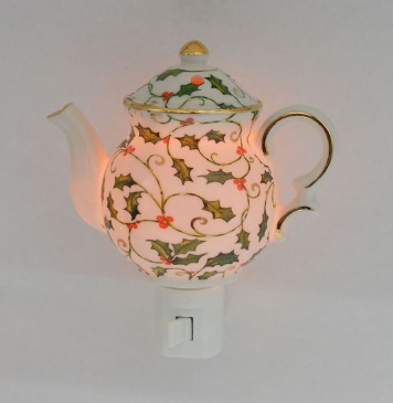 Night Light-Christmas Holly Porcelain Teapot - 4"