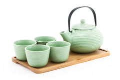 Tea Set-Ceramic Tea Set W/Bamboo Serving Tray
